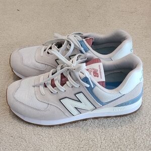 New Balance White and Light Blue Sneakers